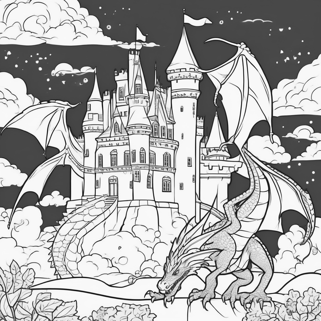 un dragon qui vole autour d'un chateau