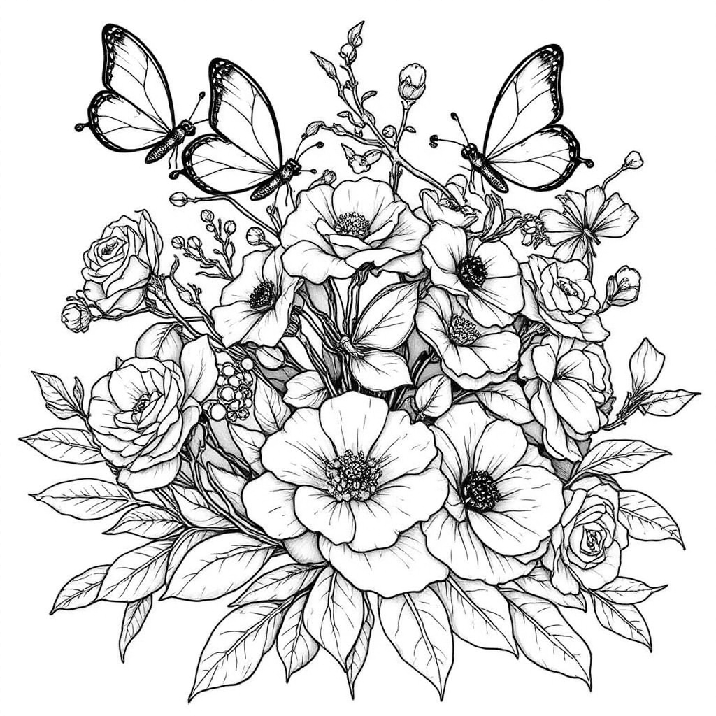 Forget me nots and roses with butterflies